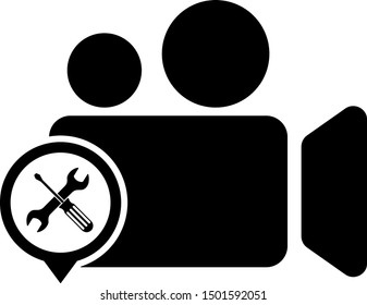 Black Video camera with screwdriver and wrench icon isolated on white background. Adjusting, service, setting, maintenance, repair, fixing.  Vector Illustration