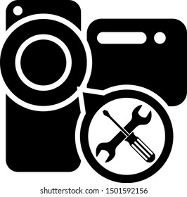 Black Video camera with screwdriver and wrench icon isolated on white background. Adjusting, service, setting, maintenance, repair, fixing.  Vector Illustration