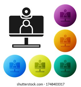 Black Video chat conference icon isolated on white background. Computer with video chat interface active session on screen. Set icons in color circle buttons. Vector Illustration