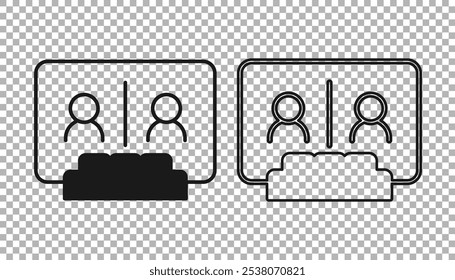 Ícone de conferência de bate-papo em vídeo preto isolado no plano de fundo transparente. Trabalho de reunião online em casa. Gerenciamento remoto de projetos.  Vetor