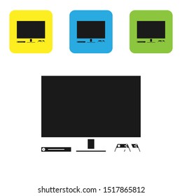Black Video game console icon isolated on white background. Game console with joystick and lcd television. Set icons colorful square buttons. Vector Illustration