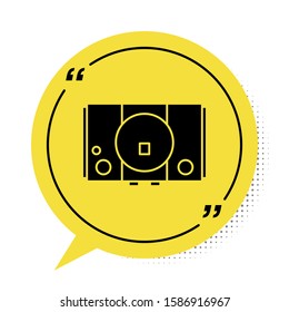 Black Video game console icon isolated on white background. Yellow speech bubble symbol. Vector Illustration