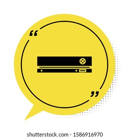 Black Video game console icon isolated on white background. Yellow speech bubble symbol. Vector Illustration