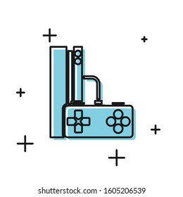 Black Video game console with joystick icon isolated on white background.  Vector Illustration