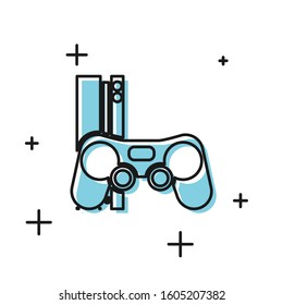 Black Video game console with joystick icon isolated on white background.  Vector Illustration