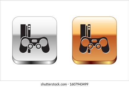 Black Video game console with joystick icon isolated on white background. Silver-gold square button. Vector Illustration