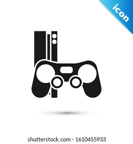 Black Video game console with joystick icon isolated on white background.  Vector Illustration
