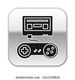 Black Video game console with joystick icon isolated on white background. Silver square button. Vector Illustration
