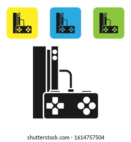 Black Video game console with joystick icon isolated on white background. Set icons colorful square buttons. Vector Illustration