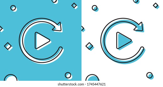 Black Video play button like simple replay icon isolated on blue and white background. Random dynamic shapes. Vector Illustration