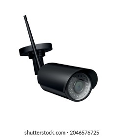 Black video surveillance camera realistic icon on white background vector illustration