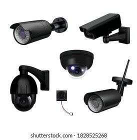 Black video surveillance security cameras realistic and isolated icon set with different types of cameras vector illustration
