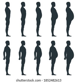 Silhouette de cuerpo lateral de visión negra, grasa extra peso de anatomía masculina personaje humano, personas sagaces aisladas en ilustración vectorial plana blanca. La gente maniquí escala el concepto, el estilo de vida poco saludable.