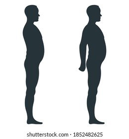 Black view side body silhouette, fat extra weight male anatomy human character, people dummy isolated on white, flat vector illustration. Mannequin people scale concept, unhealthy lifestyle.