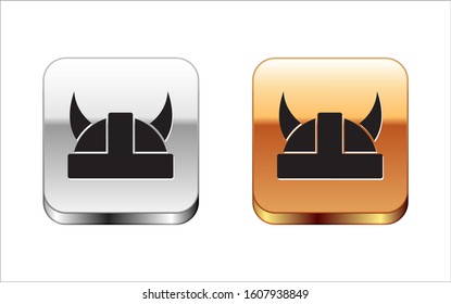 Black Viking in horned helmet icon isolated on white background. Silver-gold square button. Vector Illustration