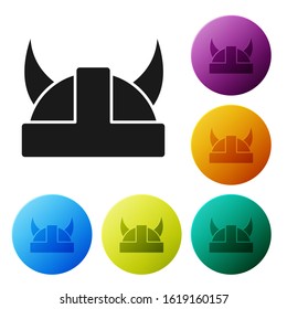 Black Viking in horned helmet icon isolated on white background. Set icons colorful circle buttons. Vector Illustration