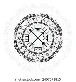 Black viking mythology symbol Vegvisir with different Futhark runes and dragon circle pattern isolated on white background