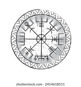 Black viking mythology symbol Vegvisir with different Futhark runes and circle pattern isolated on white background. Forest silhouette inside