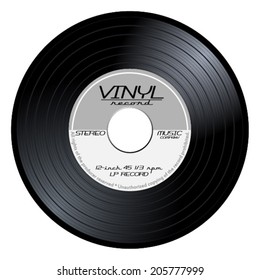 Black vintage 45 rpm vinyl record with old gray label. LP isolated on white background, retro music vector art image illustration