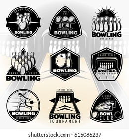 Black vintage active leisure labels set with sport equipment on bowling alley background isolated vector illustration