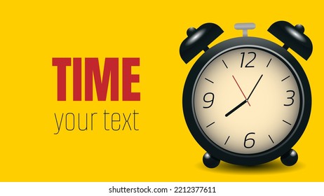 Black vintage alarm clock on yellow color background with copy space for text.