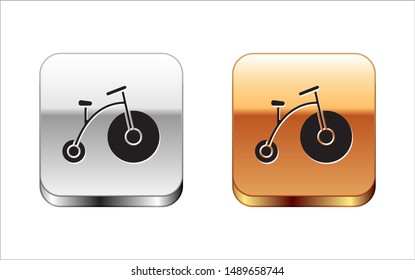 Black Vintage bicycle with one big wheel and one small icon isolated on white background. Bike public transportation sign. Silver-gold square button. Vector Illustration Black Vintage bicycle with one big wheel and one small icon isolated on white background. Bike public transportation sign. Silver-gold square button. Vector Illustration