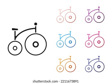 Black Vintage Bicycle With One Big Wheel And One Small Icon Isolated On White Background. Bike Public Transportation Sign. Set Icons Colorful. Vector