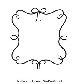 Black vintage bows curly frame. Hand drawn wavy ribbon border coquette style. Minimalist line art for greeting cards, invitations, romantic poster vector design. Holiday swirl decoration template