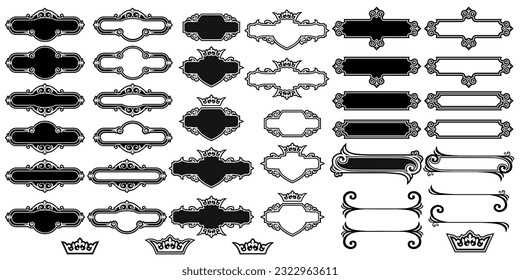 Black vintage calligraphic frames, crowns. Ornate calligraph frame, retro elegant ornamental borders and filigree floral ornaments for framed certificate template. Isolated vector set