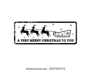 Black vintage Christmas stamp with reindeer pulling a sleigh. Snowflakes and textured design create a festive appearance.