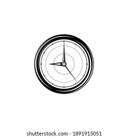 Reloj vintage negro. Icono plano aislado en fondo blanco. Ilustración retro de tiempo. minutos y segundos. Es hora de trabajar o crear el concepto.