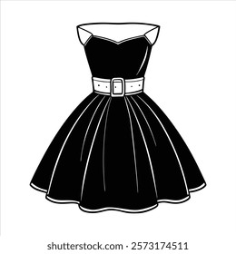 Black Vintage Cocktail Dress with Strapless Sweetheart Neckline and Wide White Belt