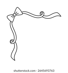 Black vintage corner frame with bow knot. Curly ribbon coquette style. Line art for greeting cards, wedding invitations. Romantic vector design element. Holiday decoration. Girly decorative ornament