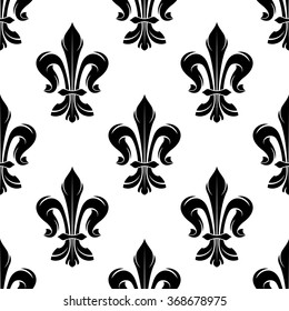 Black vintage fleur-de-lis seamless pattern on white background with floral ornament of french royal heraldry. Use as medieval interior accessories or wallpaper design