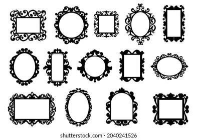 Black vintage frames. Hand drawn silhouettes of decorative square and round borders set for quotes. Elegant retro mirror and picture frameworks collection. Vector wall baroque decor