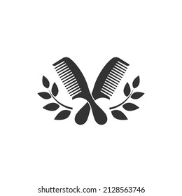 Black vintage hair comb with laurel crown. Retro Barber tools with leaves wreath. Vector illustration isolated on white. Best Hairdresser logo