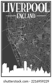 Black vintage hand-drawn printout streets network map of the downtown LIVERPOOL, ENGLAND with brown 3D city skyline and lettering