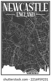 Black vintage hand-drawn printout streets network map of the downtown NEWCASTLE, ENGLAND with brown 3D city skyline and lettering