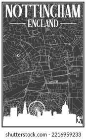 Black vintage hand-drawn printout streets network map of the downtown NOTTINGHAM, ENGLAND with brown 3D city skyline and lettering