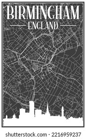 Black vintage hand-drawn printout streets network map of the downtown BIRMINGHAM, ENGLAND with brown 3D city skyline and lettering