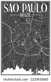 Black vintage hand-drawn printout streets network map of the downtown SAO PAULO, BRAZIL with highlighted city skyline and lettering