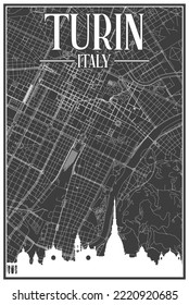 Black vintage hand-drawn printout streets network map of the downtown TURIN, ITALY with brown highlighted city skyline and lettering