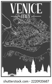 Black vintage hand-drawn printout streets network map of the downtown VENICE, ITALY with brown highlighted city skyline and lettering