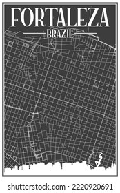 Black vintage hand-drawn printout streets network map of the downtown FORTALEZA, BRAZIL with highlighted city skyline and lettering