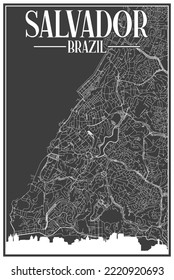 Black vintage hand-drawn printout streets network map of the downtown SALVADOR, BRAZIL with highlighted city skyline and lettering