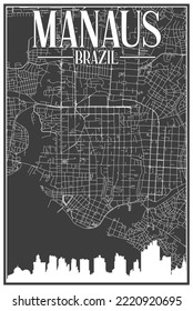 Black vintage hand-drawn printout streets network map of the downtown MANAUS, BRAZIL with highlighted city skyline and lettering