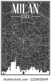 Black vintage hand-drawn printout streets network map of the downtown MILAN, ITALY with brown highlighted city skyline and lettering