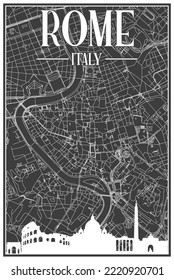 Black vintage hand-drawn printout streets network map of the downtown ROME, ITALY with brown highlighted city skyline and lettering