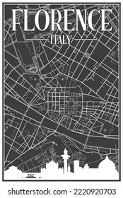 Black vintage hand-drawn printout streets network map of the downtown FLORENCE, ITALY with brown highlighted city skyline and lettering