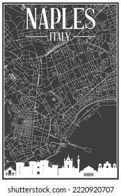 Black vintage hand-drawn printout streets network map of the downtown NAPLES, ITALY with brown highlighted city skyline and lettering